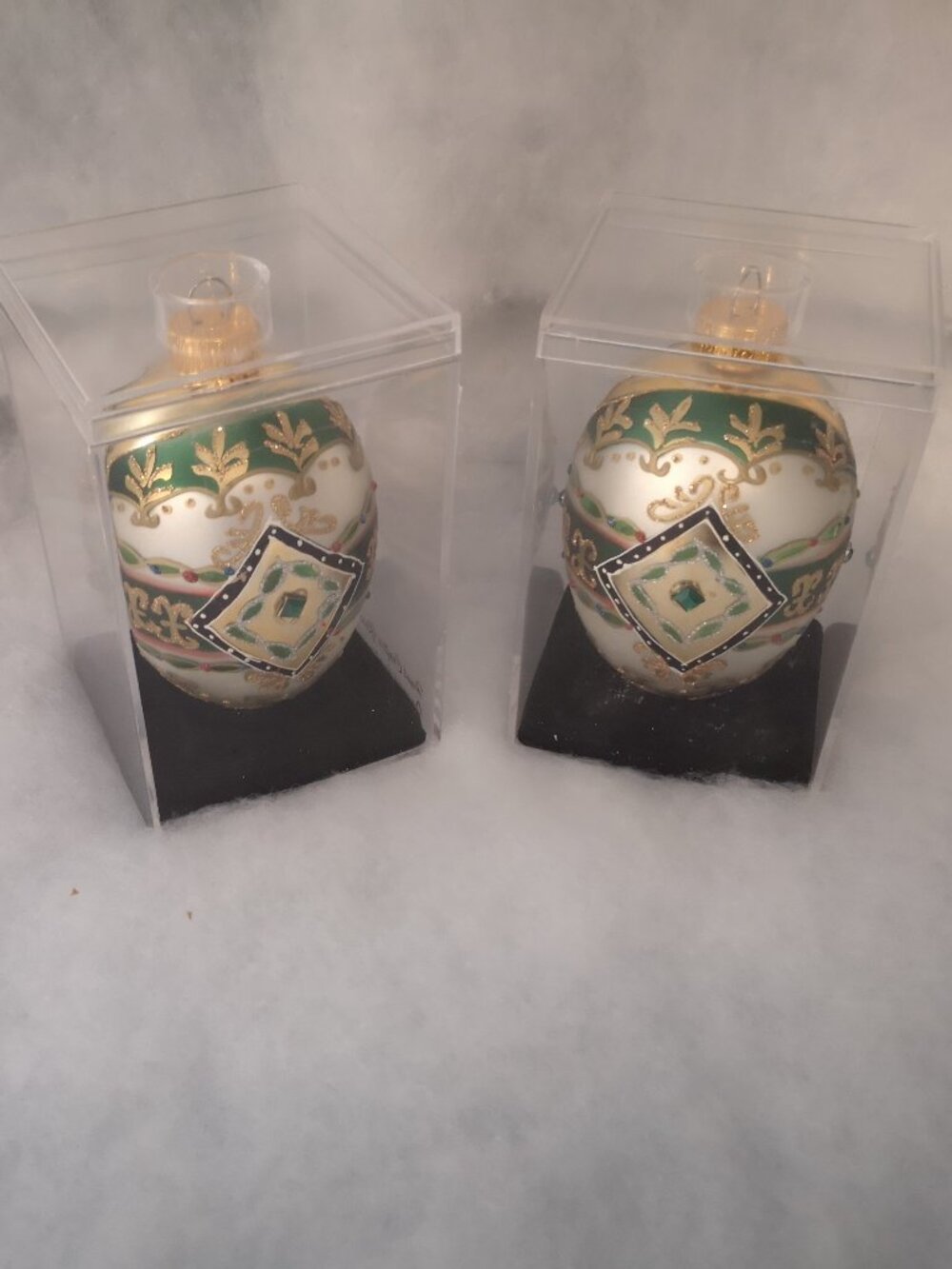 2 - Handmade Blown Glass Tree Ornaments Egg Shape Green Gold White Black #X82246